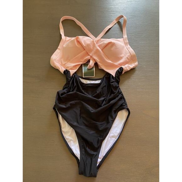 Eomenie Pink And Black High Waisted One Piece Opens Tummy Swimwear size Small - Picture 1 of 3